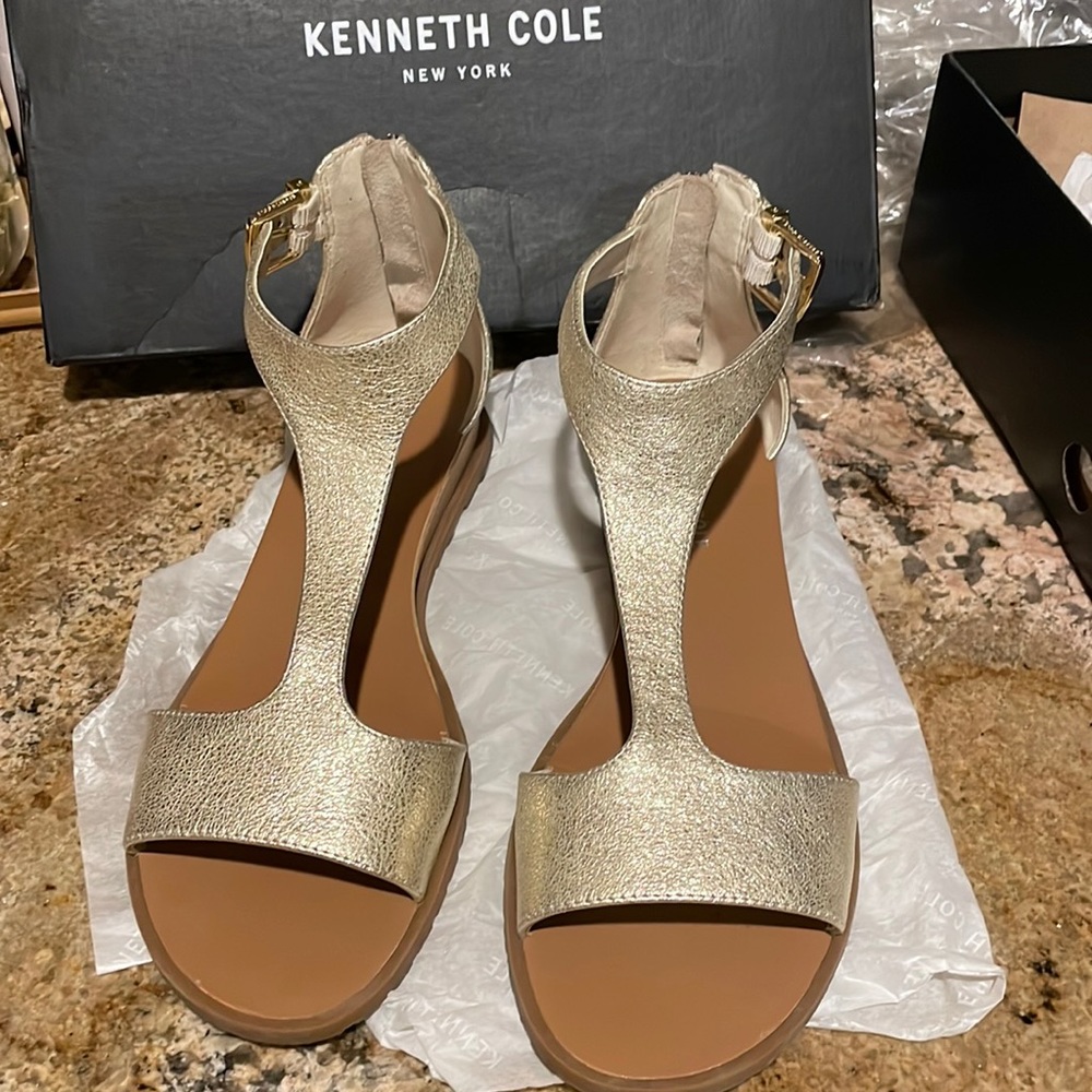 8.5 M Soft gold, zip back sandals w/ adjustable strap at ankle.
